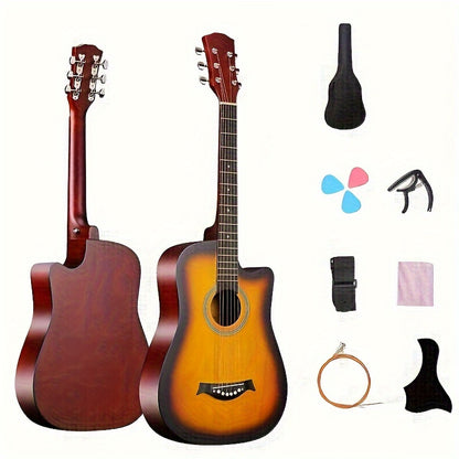 Beginner kit for a 96.52 cm acoustic guitar, featuring a basswood panel with matte finish, 18 frets, and includes bag, picks, strings, and strap.