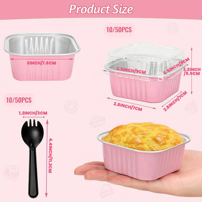 [Top Pick] Pack of 10 or 50 5oz Mini Disposable Cake Pans with Lids and Spoons, Square Aluminum Foil Baking Cups, 3.5x3.5 Small Cake Tins with Lids for Individual Cakes