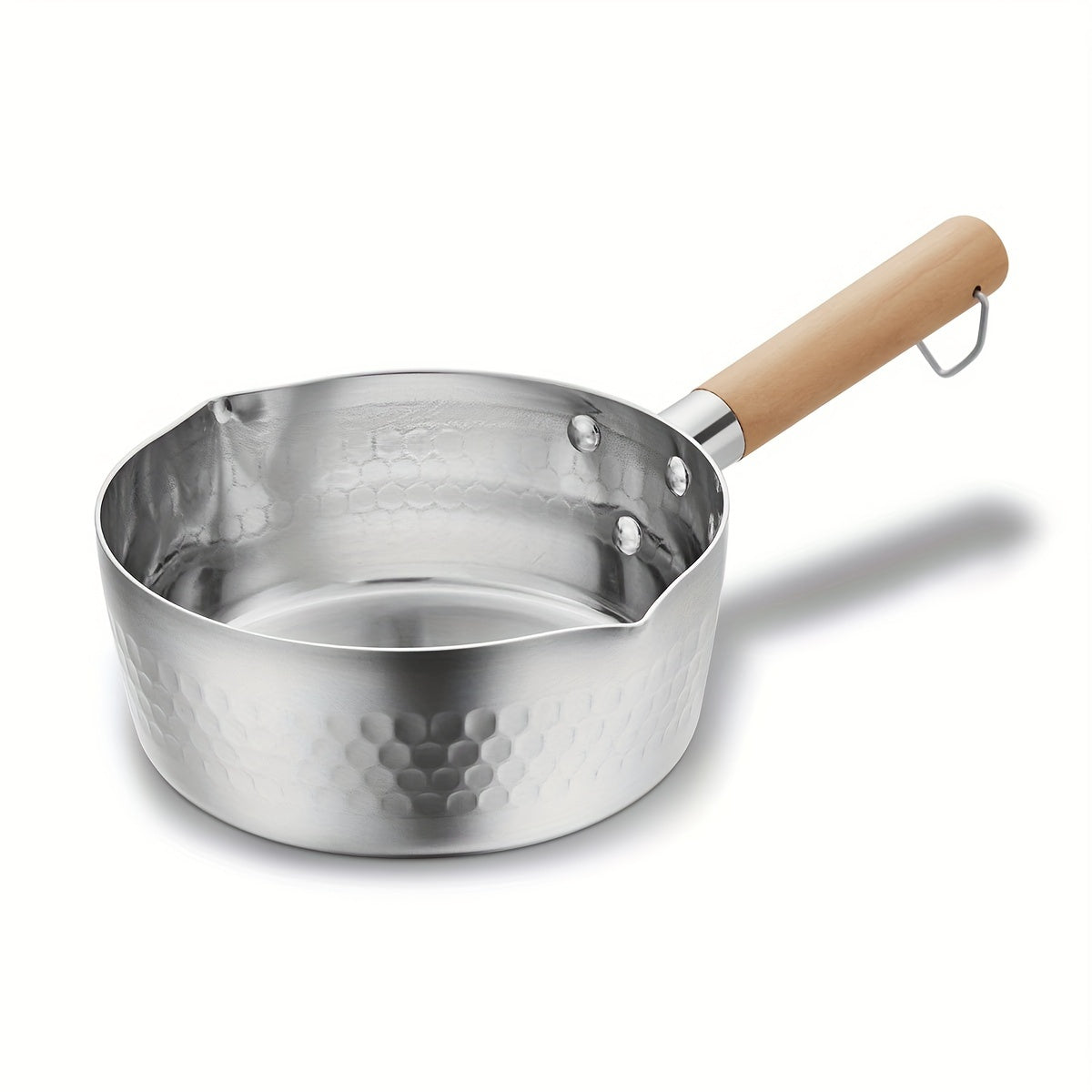 1-piece Sauce Pan with a traditional Japanese design, featuring a wooden handle, perfect for heating and melting milk, sauces, or oils. This pan can also be used as a mini milk pot for dripping and pouring oil.