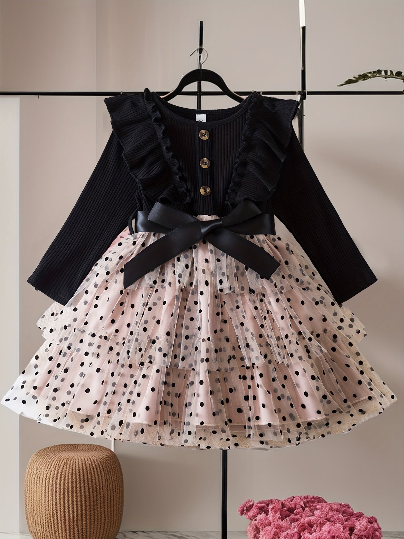 Stylish Polka Dot Princess Dress with Mesh Layered Tutu for Winter/Fall