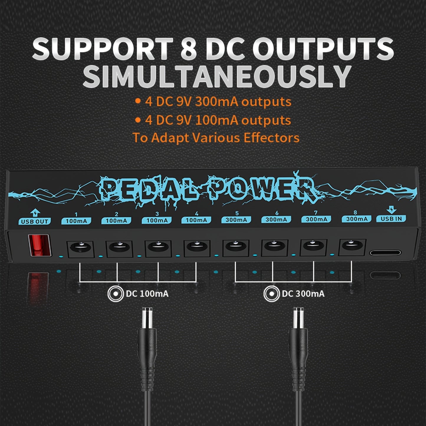 Guitar Pedal Power Supply with 8 isolated 9V DC outputs.