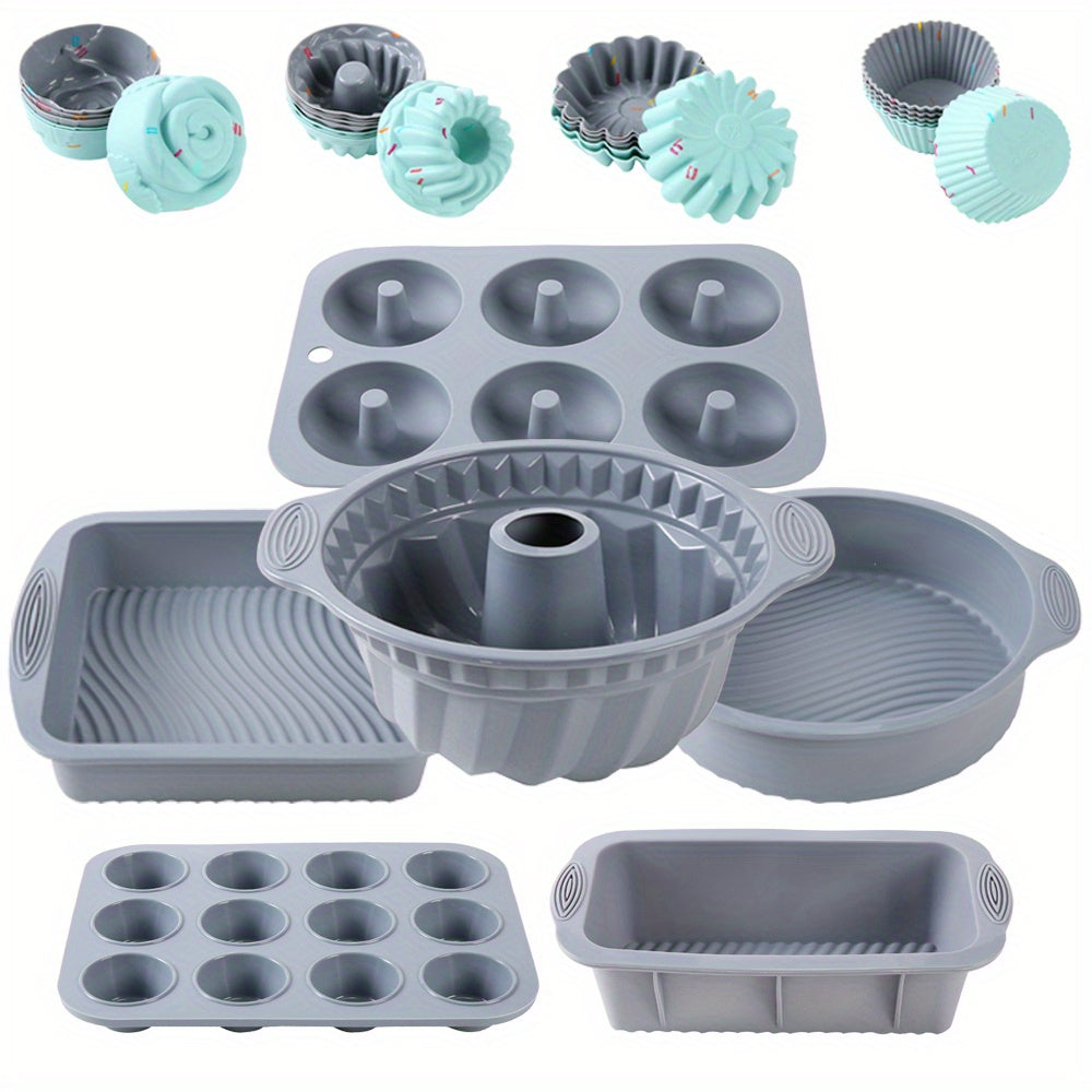 A 30-piece silicone kitchen baking supplies set includes nonstick silicone bakeware such as a baking pan, cake molds, baking sheet, donut pan, muffin pan, and cake pan, as well as a 24-pack of silicone cupcake mold baking cups.