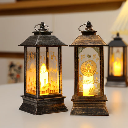 Rustic LED lantern for home decor and festive celebrations, battery operated with included button battery, perfect for Eid al-Fitr and holiday ambiance. Traditional style lantern made of