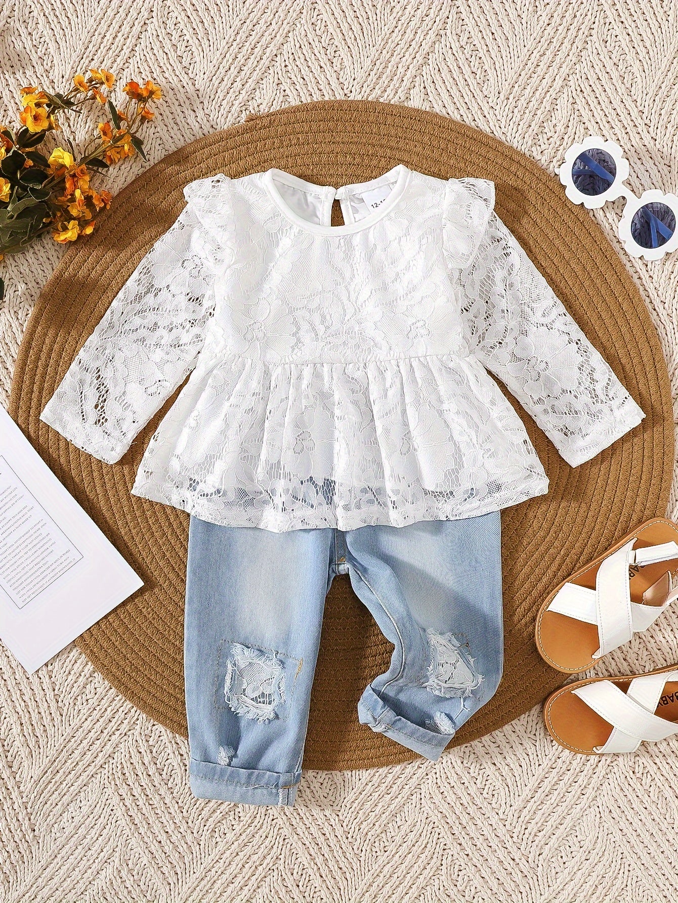 White Lace Fly Sleeve Top & Ripped Denim Jeans Set for Outdoor Seasons