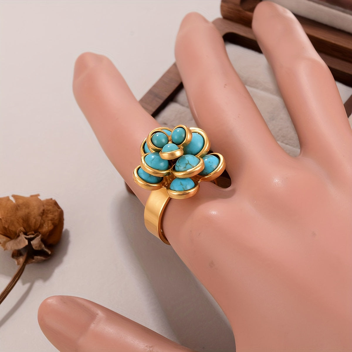 Unique Vintage Boho Style Ring with Turquoise Inlay and 18K Gold Plating - Perfect for Daily Wear and Gifting, Suitable for All Seasons - Women's Ring with One-of-a-Kind Design