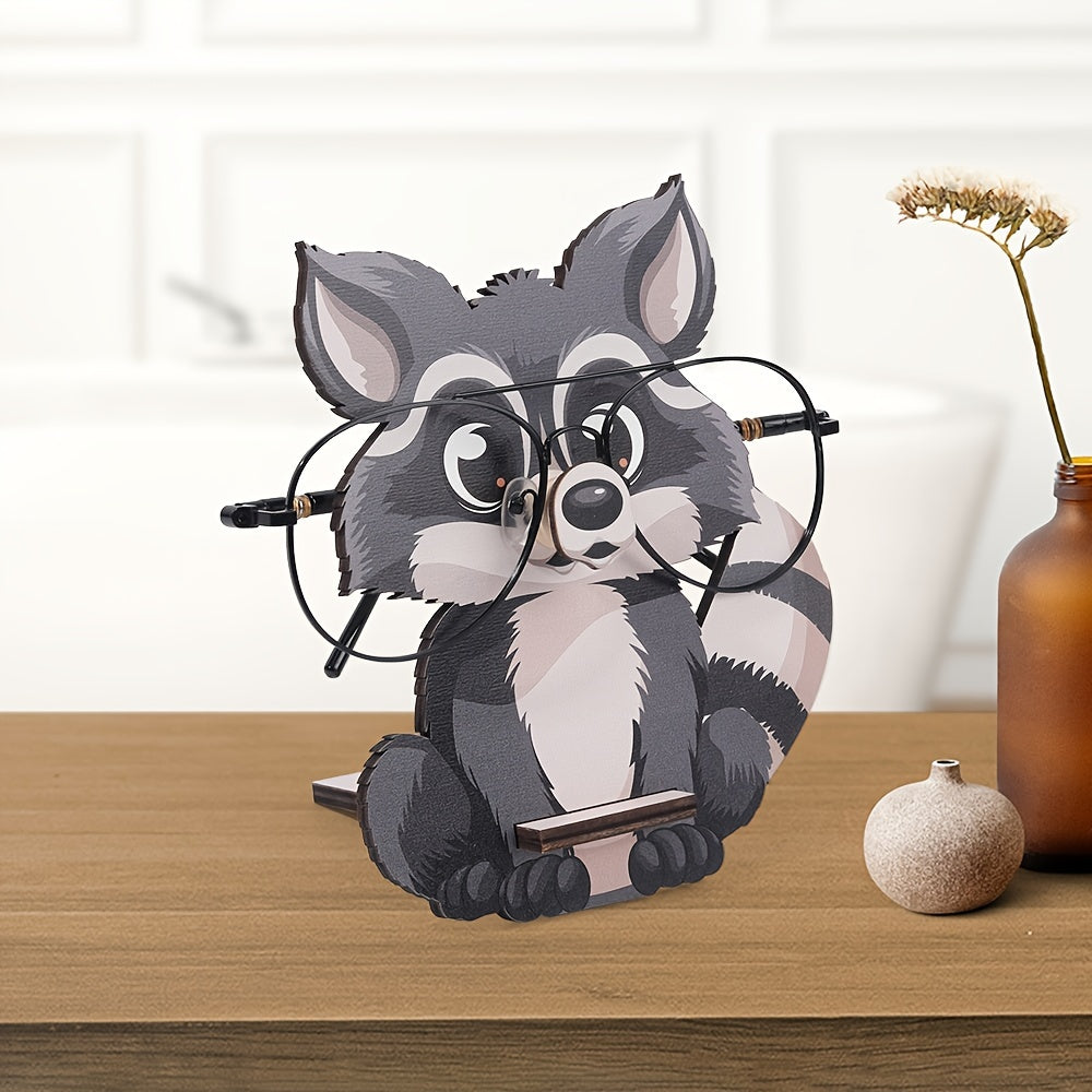 Wooden Raccoon Eyeglass Holder Stand - Animal Glasses Display, Creative Sunglass Storage with Desk Decor for Home Office. Perfect Christmas or Birthday Gift. Unique and Fun!