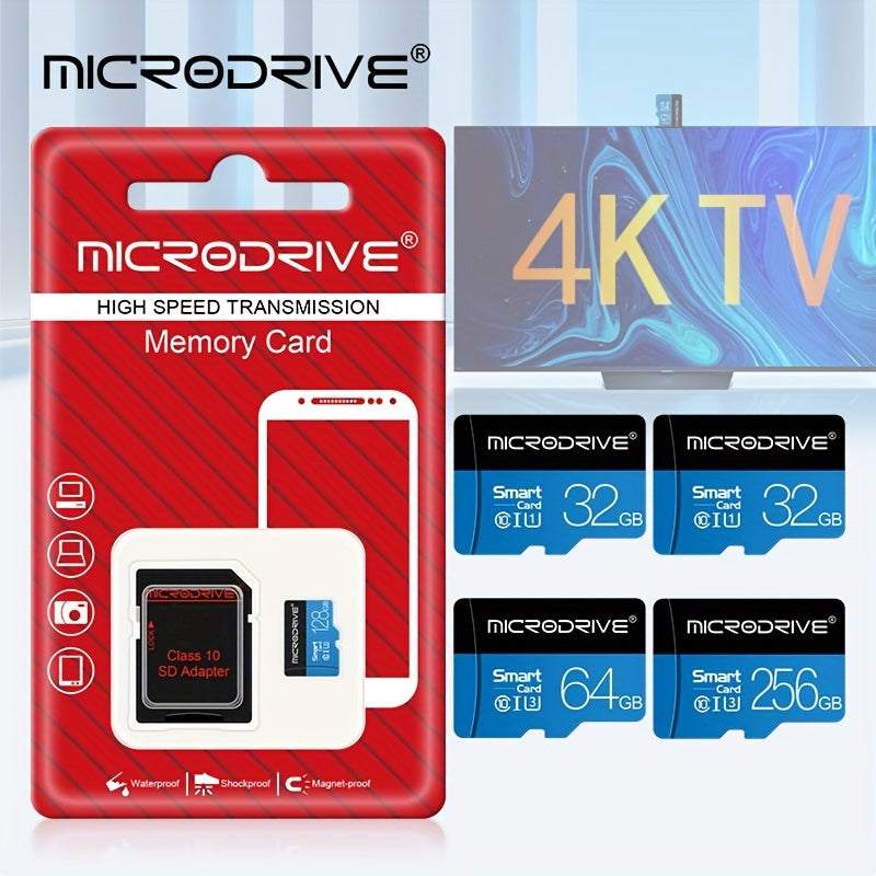 Microdrive Blue Class 10 TF Memory Card is available in 32GB, 64GB, 128GB, and 256GB with U3 support, includes an SD adapter for smartphones and DVRs.