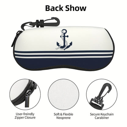 Stylish Navy Blue Anchor Pattern Glasses Case for Men and Women - Lightweight Neoprene Zipper Eyewear Holder for Fashionable Reading Glasses, Perfect for On-the-Go Storage.