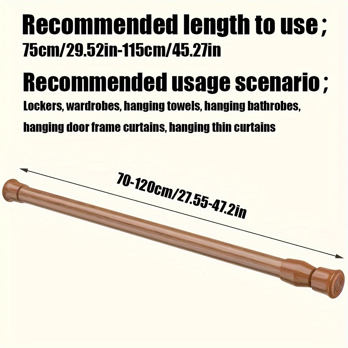 Easy-install telescopic rod with strong spring for shower curtains, door drapes, clothes hanging. Available in black, white, wood grain.