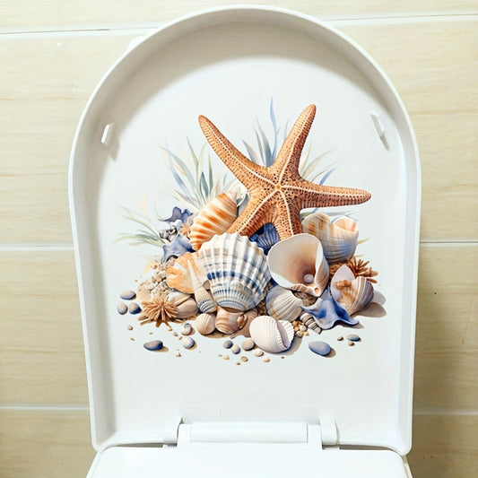 Waterproof toilet sticker with oceanic design: starfish and seashell, self-adhesive PVC, matte finish. Perfect for bathroom decor, easy application on tank and lid. Great Christmas or Halloween gift decoration.