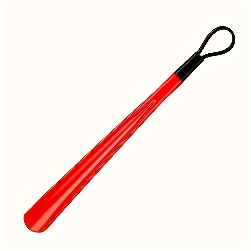 Extra long flexible plastic shoe horn with easy-grip spoon design, durable and lightweight. Available in red or black.