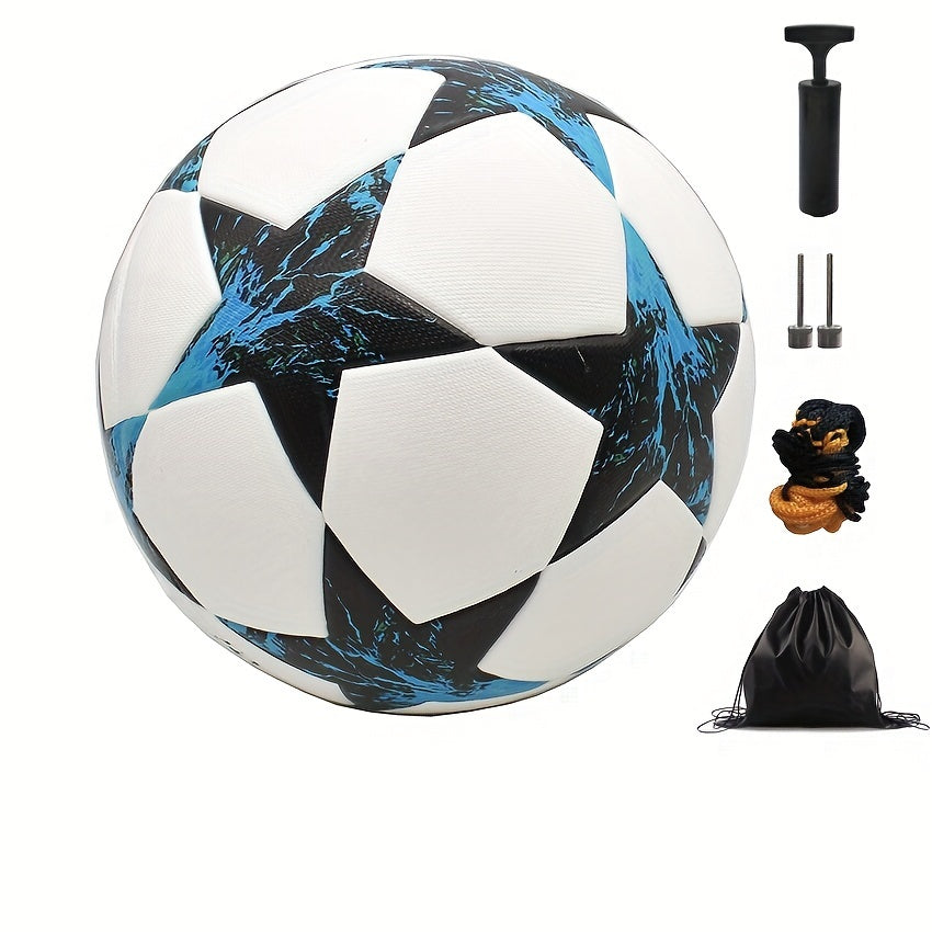 Size 5 faux leather soccer ball with seamless, thermal-bonded black and white design. Includes inflation pump, net, and accessories. Suitable for official matches and training. High-quality