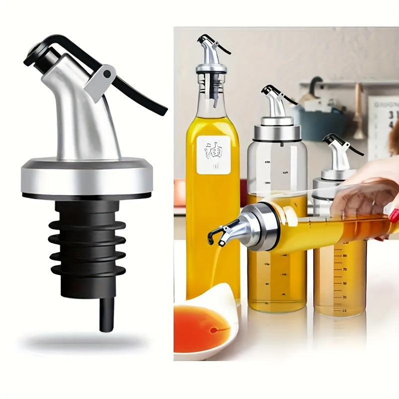 Leakproof olive oil dispenser for salad dressing and cooking, with easy-pour vinegar bottle stopper.