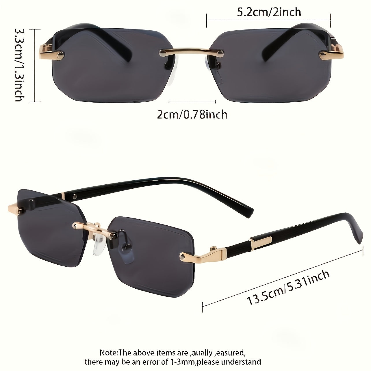 One pair of men's square rimless glasses in black with mirrored PC lens and metal frame for casual hip hop fashion.