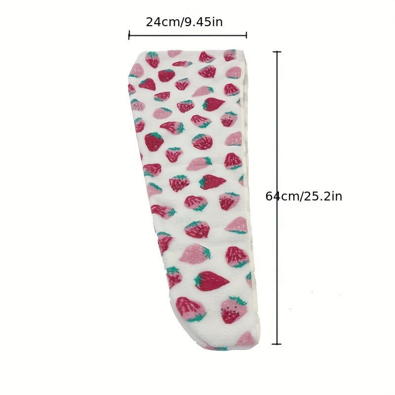 1pc Ultra-absorbent Strawberry Pattern Hair Drying Cap for Women made of soft coral fleece material. Specifically designed for quick-drying and frizz control, also doubles as a cute bathroom accessory.