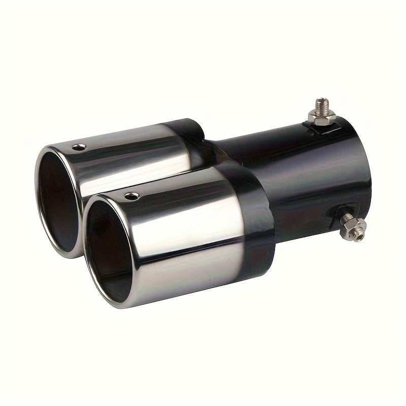 Universal dual air outlet exhaust head in chrome stainless steel for automotive rear tailpipe accessories.