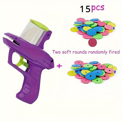 Interactive cat toy launcher gun with 50 foam discs - manual pet play equipment made of durable plastic, no batteries required. Ideal for party games and outdoor activities.