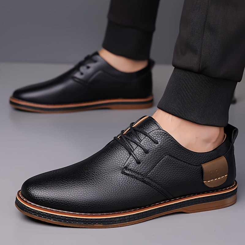 Men's fashion street style dress shoes with solid color microfiber synthetic upper, round toe, rubber sole, lining & insole, low top lace-up for daily & casual wear in spring/fall season.