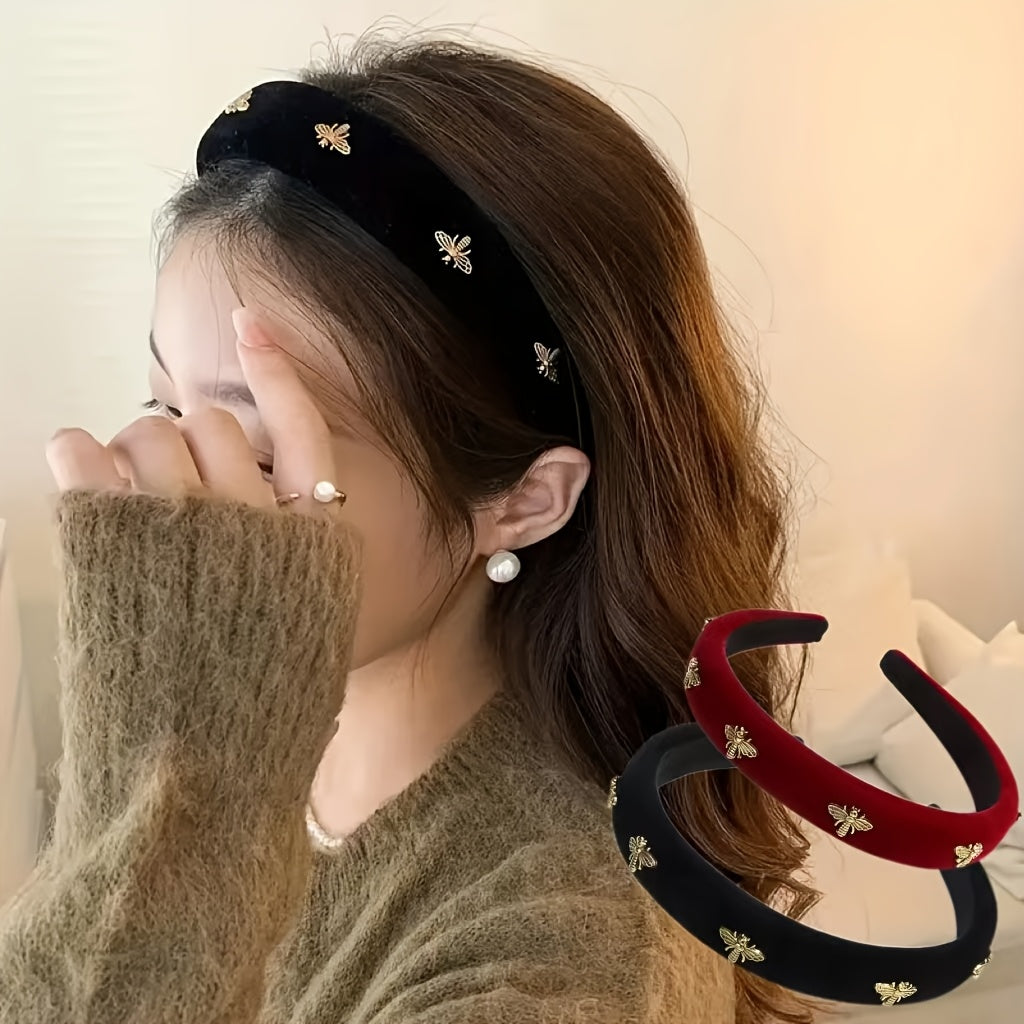 New High-End Velvet Headbands with Bee Design, Retro Fabric Style, Versatile Fashion Accessories; 1-2 pieces.