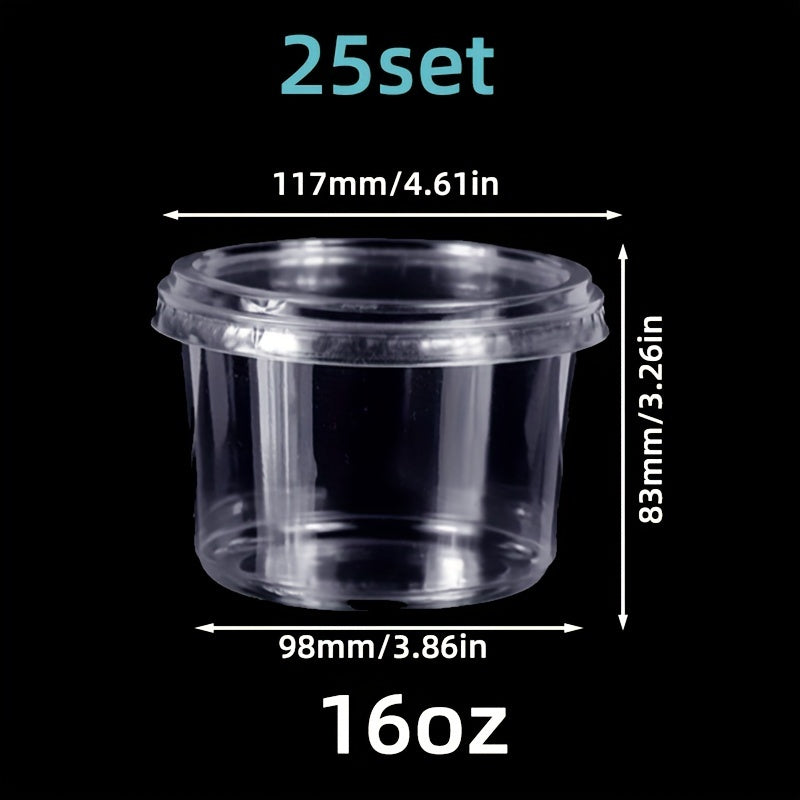 25 sets of clear plastic dessert cups with lids made from PET material, designed for reuse. These round candy packaging boxes are perfect for cakes, sweets, and fruit. They are transparent food containers suitable for both home and party use.