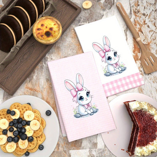 Set of 2 Modern Fantasy Rabbit Bow Tea Towels, measuring 45.72x66.04 cm. Made from Super Soft Polyester for quick drying and machine washable. Vibrant colors make them perfect for kitchen decor and all season parties.