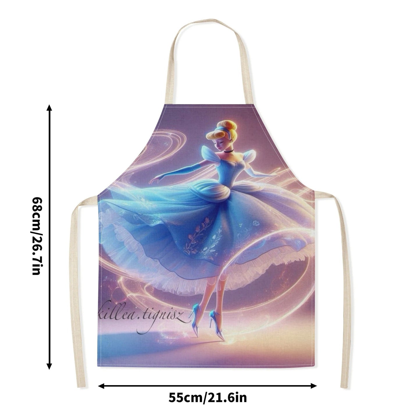 Waterproof apron featuring Disney's Cinderella cartoon character in a vibrant blue dress with a floral design. Made of durable polyester, perfect for use in hotels, supermarkets, restaurants, fruit shops, milk tea stands, and at home.