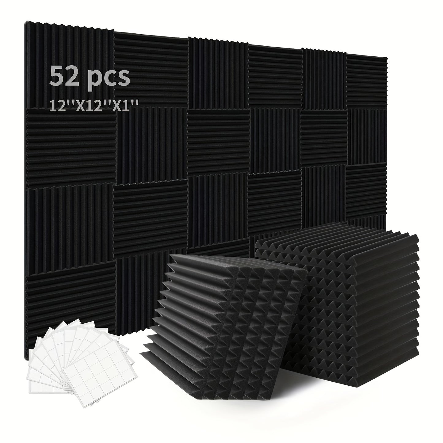 52 acoustic foam panels, 2.54cm X 30.48cm X 30.48cm, fire resistant with double-sided adhesives for soundproofing studio.