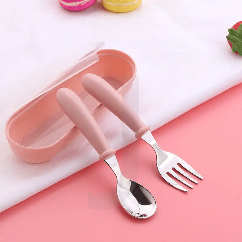 1-Piece Stainless Steel Utensil Set with Easy-Grip Handle for Ages 0-3. Includes Fork & Spoon in Storage Box. Wooden Material-Free, Electricity-Free. Color: Blue.