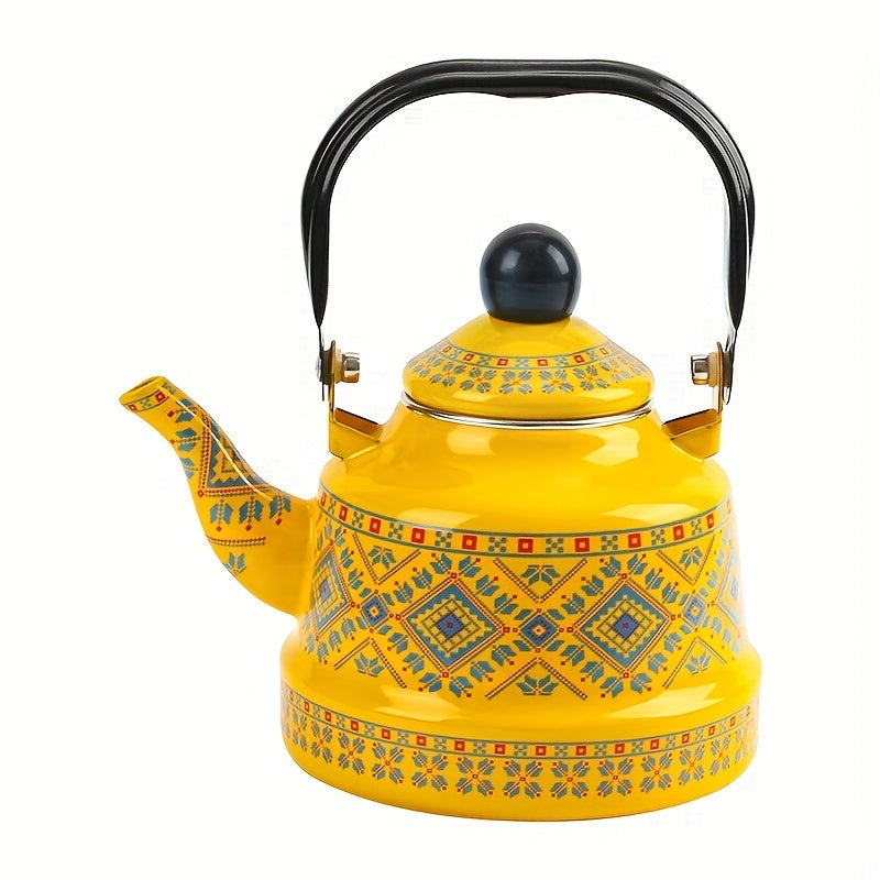 Enamel Hot Water Kettle with Geometric Print and Memory Flower Design, 1.1L capacity, suitable for household use. Features Ancient Clock and Target design. Versatile kettle suitable for brewing tea, coffee, or other beverages. Combines Middle Eastern and