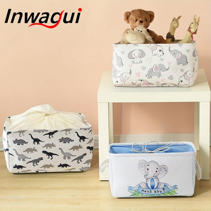 Art Deco style fabric basket for unisex baby toys, featuring animal print and a drawstring closure. Perfect for nursery shelves or wardrobe organization in a boy's room.