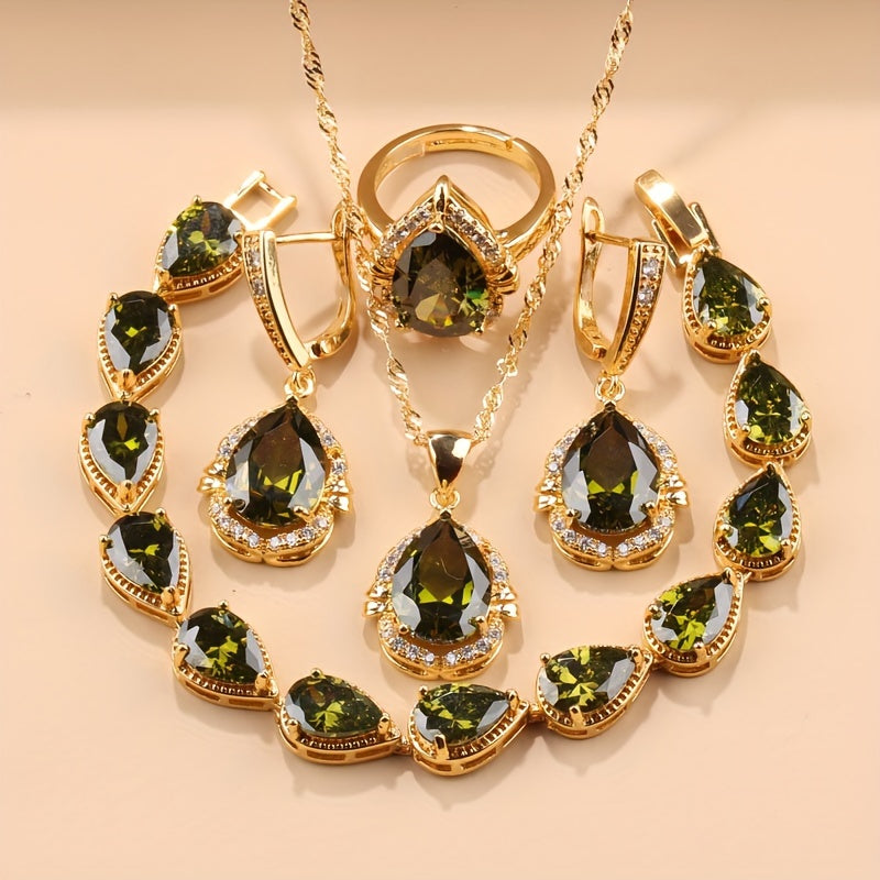 Exquisite 5-Piece Teardrop Jewelry Set including Earrings, Necklace, Pendant, and Ring - Crafted with Synthetic Stones, 18K Gold Plated Copper adorned with Zirconia - Ideal for Everyday Wear and Special Occasions like Weddings, Thanksgiving - A