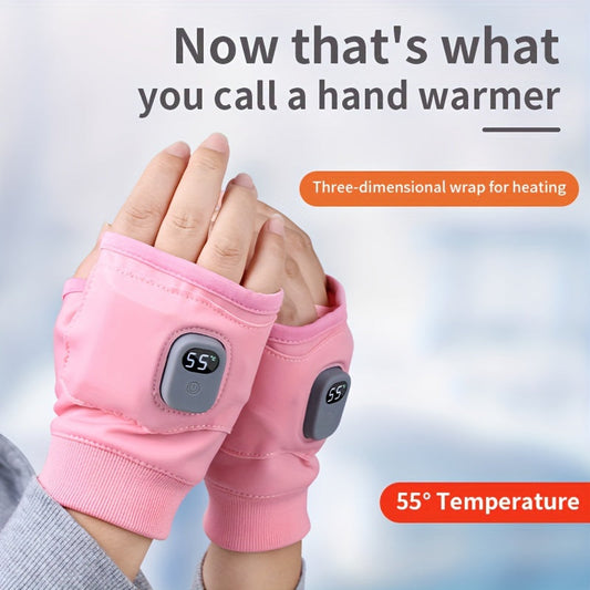 Unisex Touchscreen Heated Gloves, Solid Color Casual Style with Striped Pattern, Stretch Fabric, USB Rechargeable Fingerless Hand Warmers for Outdoor Use. These gloves are not washable.