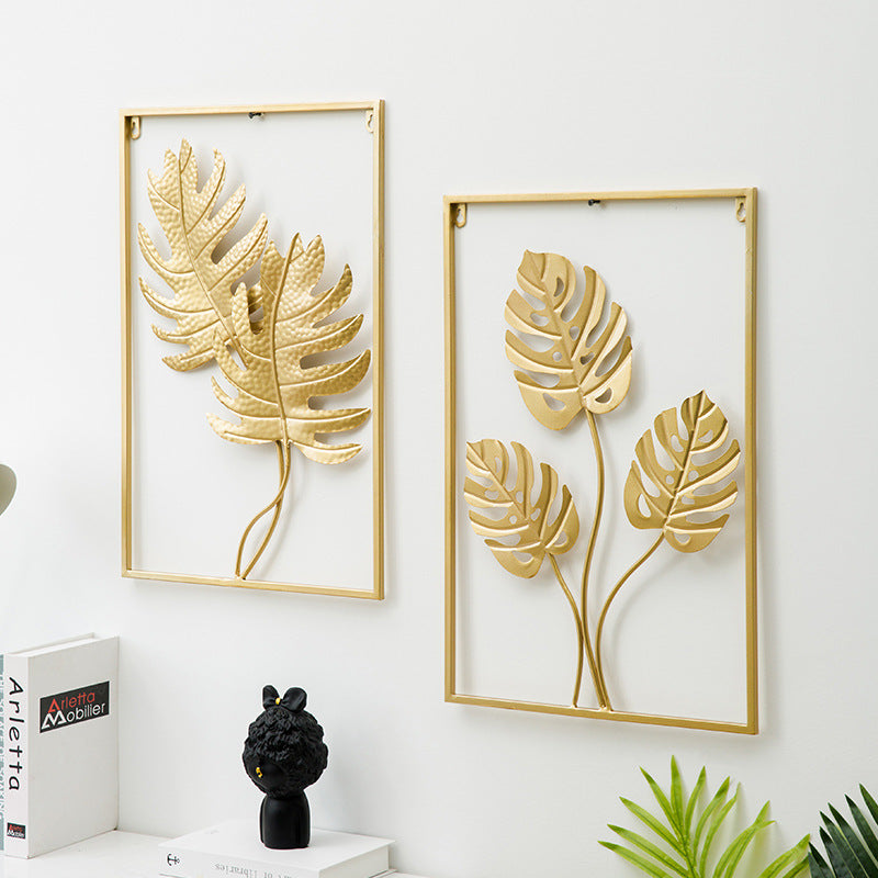 Modern stainless steel leaf wall art for living room, TV background, and entryway.