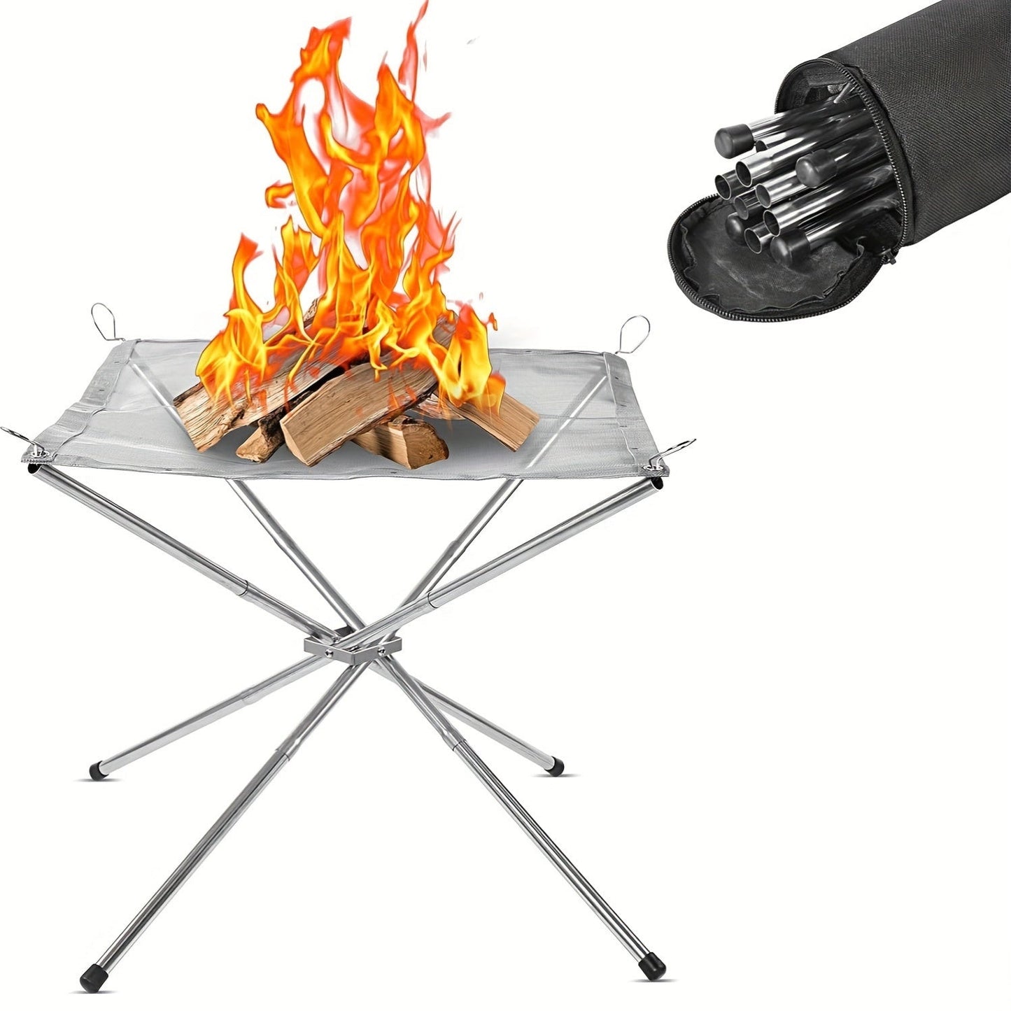 Portable Campfire Pit Grill made of stainless steel with a collapsible fire stand for camping, picnic BBQ. Includes a log carrier holder and carrying case.