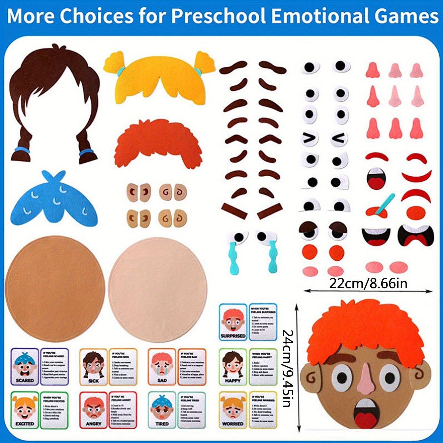 Craftstory offers a set of 86 social emotional learning activities for kids, including 2 face boards and 9 emotion cards for playing Making Faces games. These preschool learning activities also double as sensory autism therapy toys.