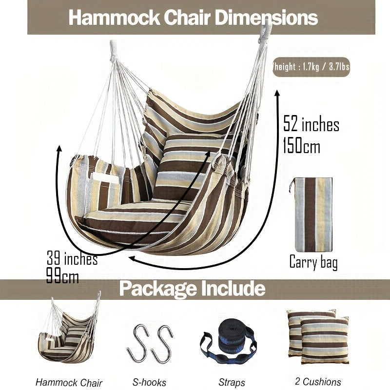 The package includes a hammock chair, two thick cushions, two 1.5-meter straps with 5 loops and 1 buckle, two climbing S-hooks, and a canvas storage bag. High-end configuration for export