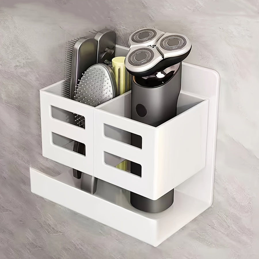 Wall-mounted storage rack with self-adhesive installation for organizing toothbrushes, toothpaste, and other accessories in kitchen, bathroom, living room, office, or shower.