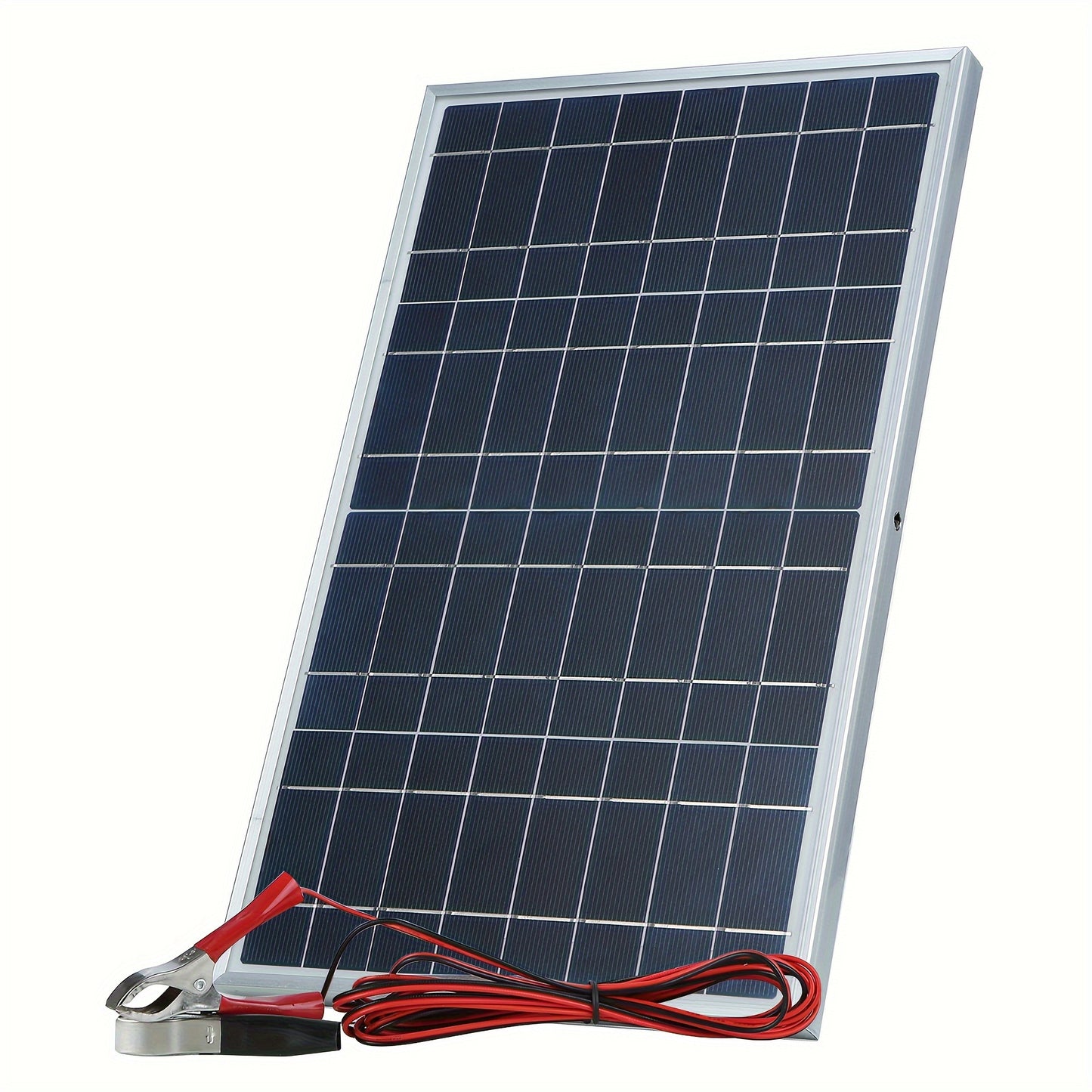 Aluminum-framed portable solar panel with detachable magnetic material for various outdoor power needs.