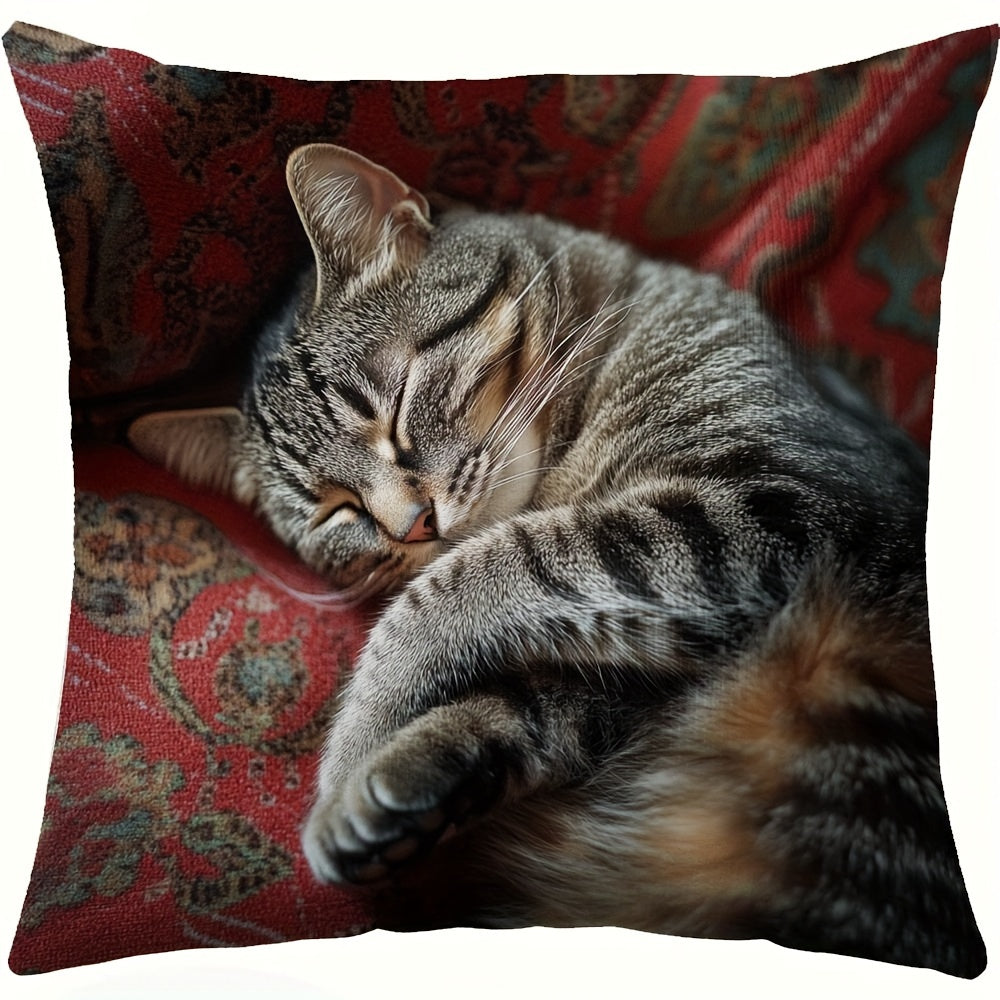 Polyester Pillow Cover featuring a Stylish Gray Tabby Cat design - Zipper Closure, Double-Sided Pattern for Valentine's Day, Halloween, and Christmas Decor - Pillow Not Included