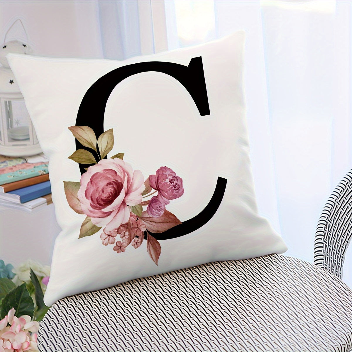 English letter flower print pillowcase for sofa cushions, 45.72cm x 45.72cm.