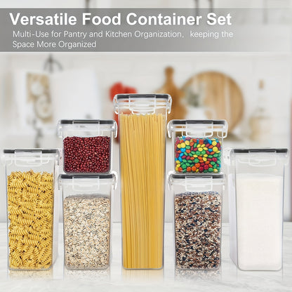 7-piece BPA-Free Airtight Food Storage Container Set for RV with Labels and Marker, perfect for storing flour, sugar, cereal, pasta, and snacks.