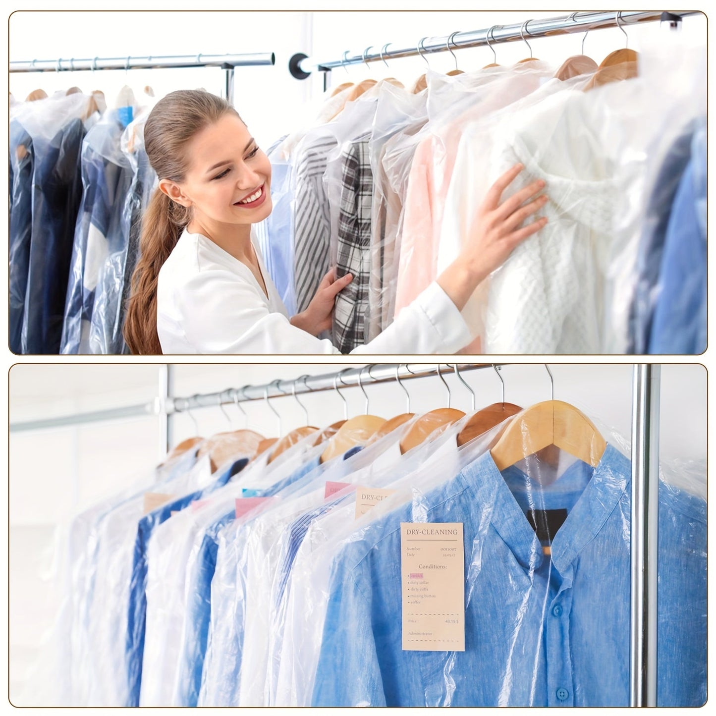 50 out of 50 pieces of clear plastic garment bags for dry cleaning, measuring 59.94 X 89.92 cm, to protect clothing from dust and provide a dustproof cover.