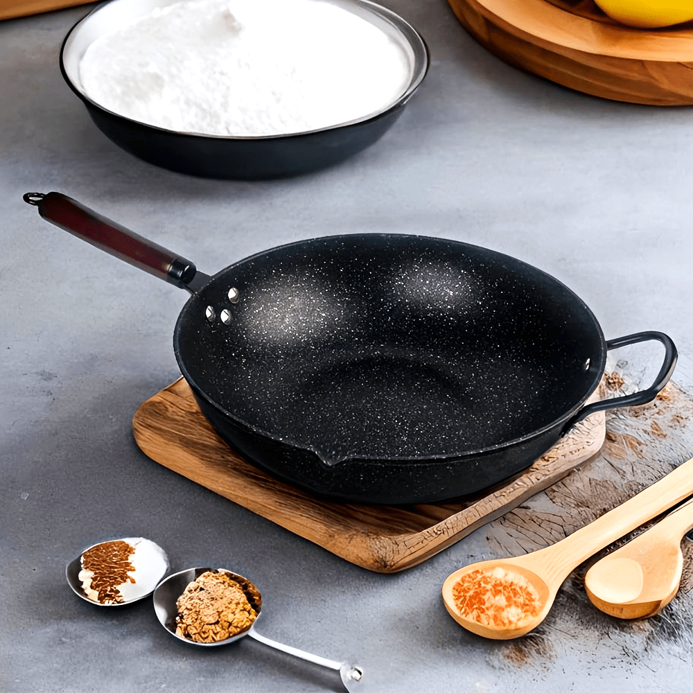 32CM Chef's Pan Cast Iron Wok with Stone Coating, Dual Handles, Non-Stick Surface - Compatible with Electric, Gas, Halogen, Oven & Induction Cooktops - 12.5 Inches