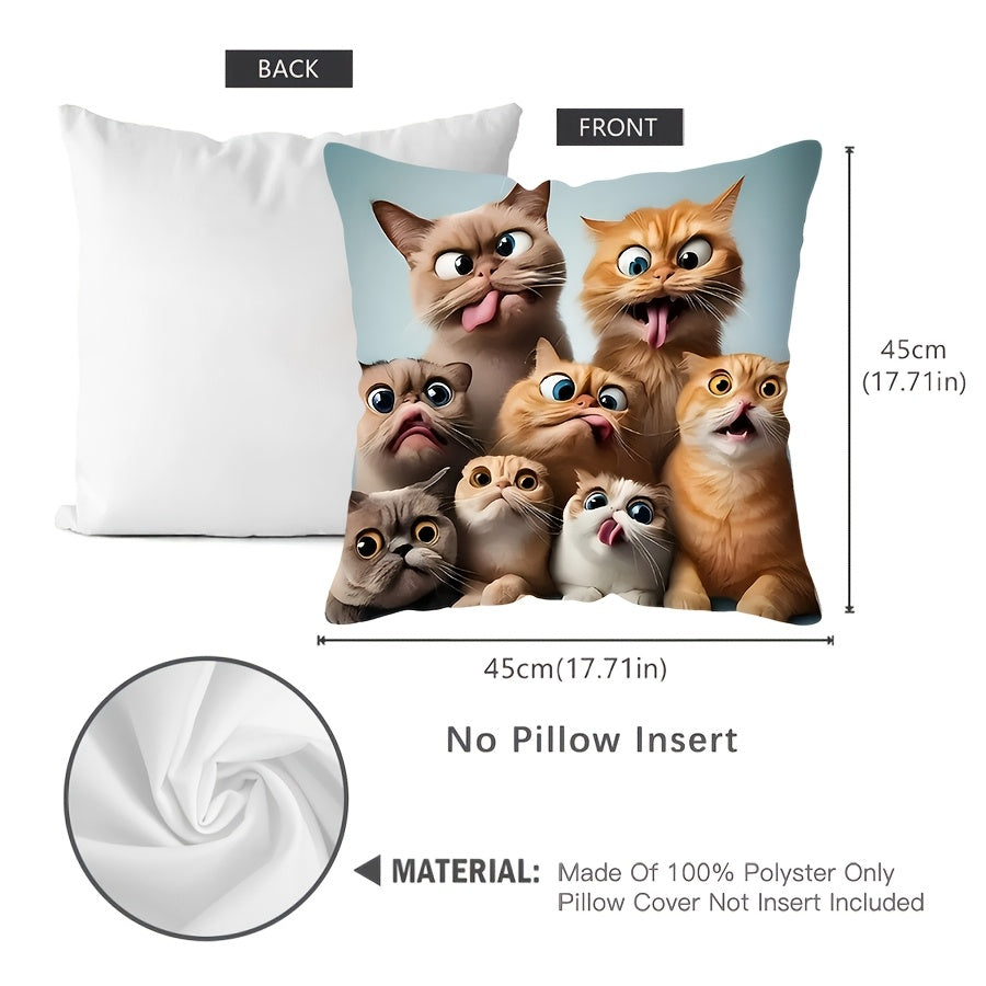 One-piece Glam Style Funny Cats Pillowcase, measuring 44.96cm x 44.96cm. Made of machine washable polyester fiber with a zipper closure. Features a woven decorative cushion cover for use on sofa, couch, or car. Single-side print, insert not included.