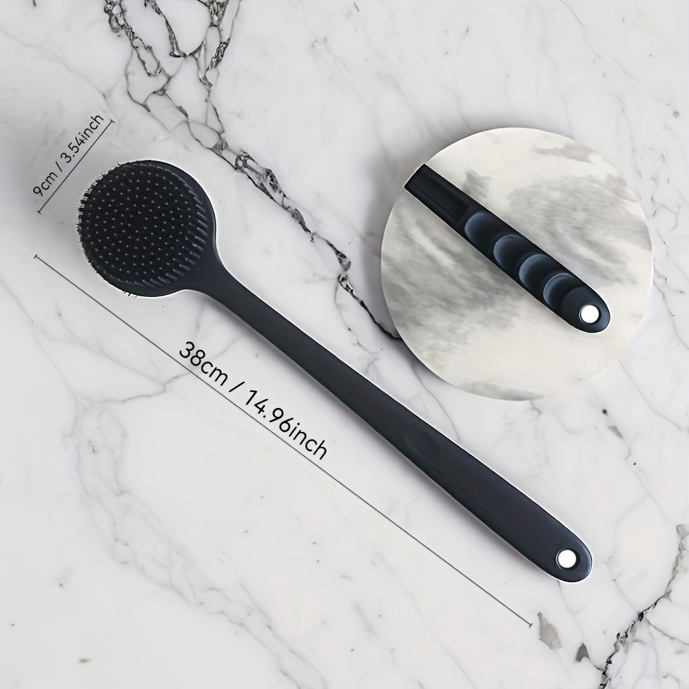 Long handled shower back scrubber with soft bristles for deep cleaning and exfoliation, suitable for both men and women.