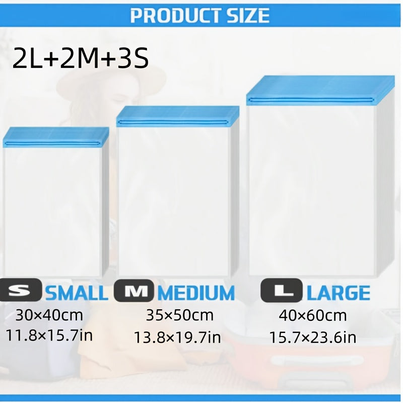 Pack of 7 Compression Bags - Save Space without the Need for a Vacuum or Pump! Easy-to-use Hand Roll Storage Bags for Travel Enthusiasts. Ideal for storing both dry and wet items compactly. Travel with ease and confidence!