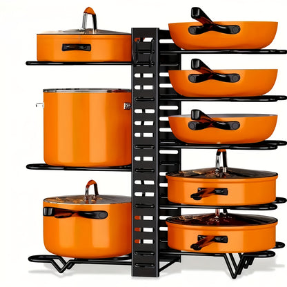 8-Tier Heavy-Duty Iron Pot Rack Organizer with Rust-Resistant Coating, Anti-Slip Layers, Space-Saving Design for Home and Restaurant Use.