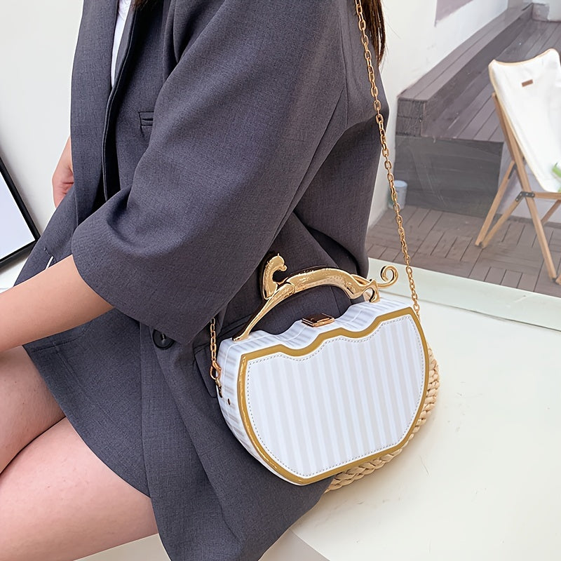 Chic white clip-on bag with gold chain strap, kiss lock closure, detachable shoulder strap, ideal for daily use.