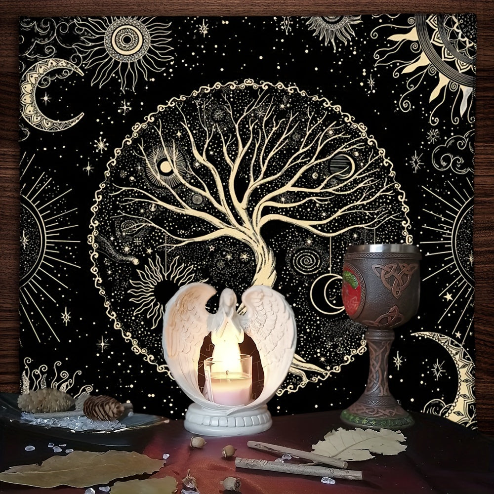 1pc Tarot Tablecloth featuring life tree and moon phase designs, suitable for tarot readings, altar cloths, witchcraft, table games, and room decoration.