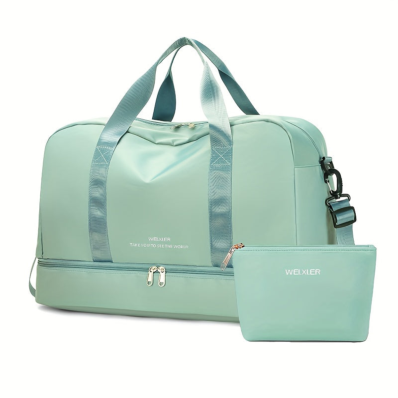 Fashionable travel bag with detachable pouch, perfect for sports and fitness, makeup, and weekend trips.